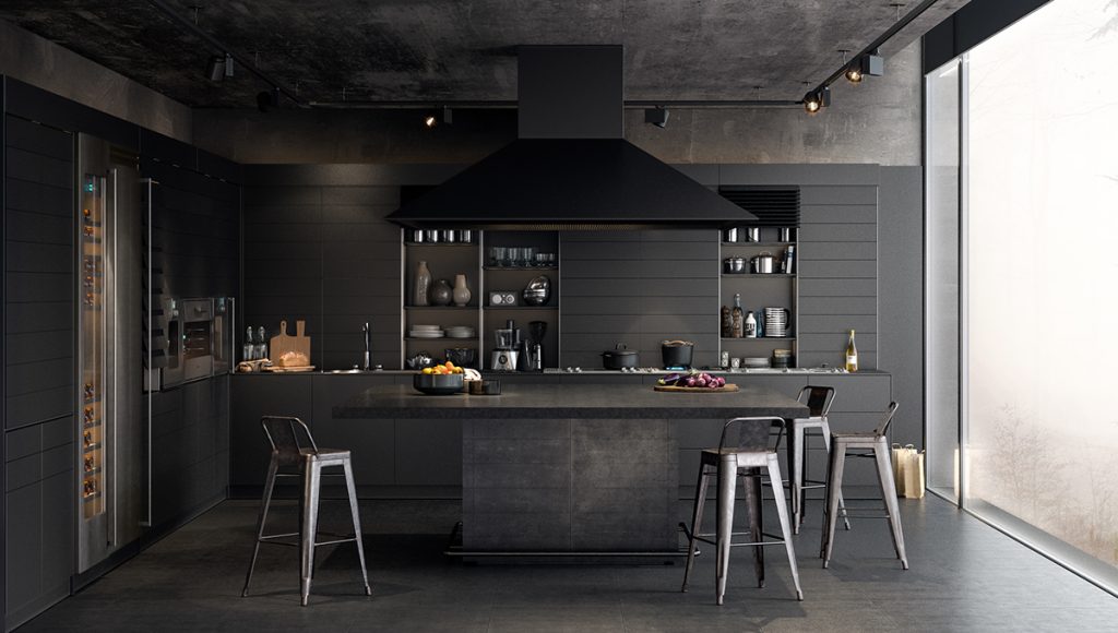 Chrome-features-kitchen-all-black-panelling-concrete-floor-1024x580