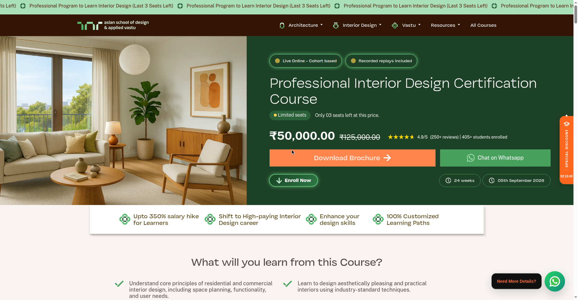 ASDAV Professional Interior Design Certification Course page showing the Rs 50,000 fee and 24-week duration