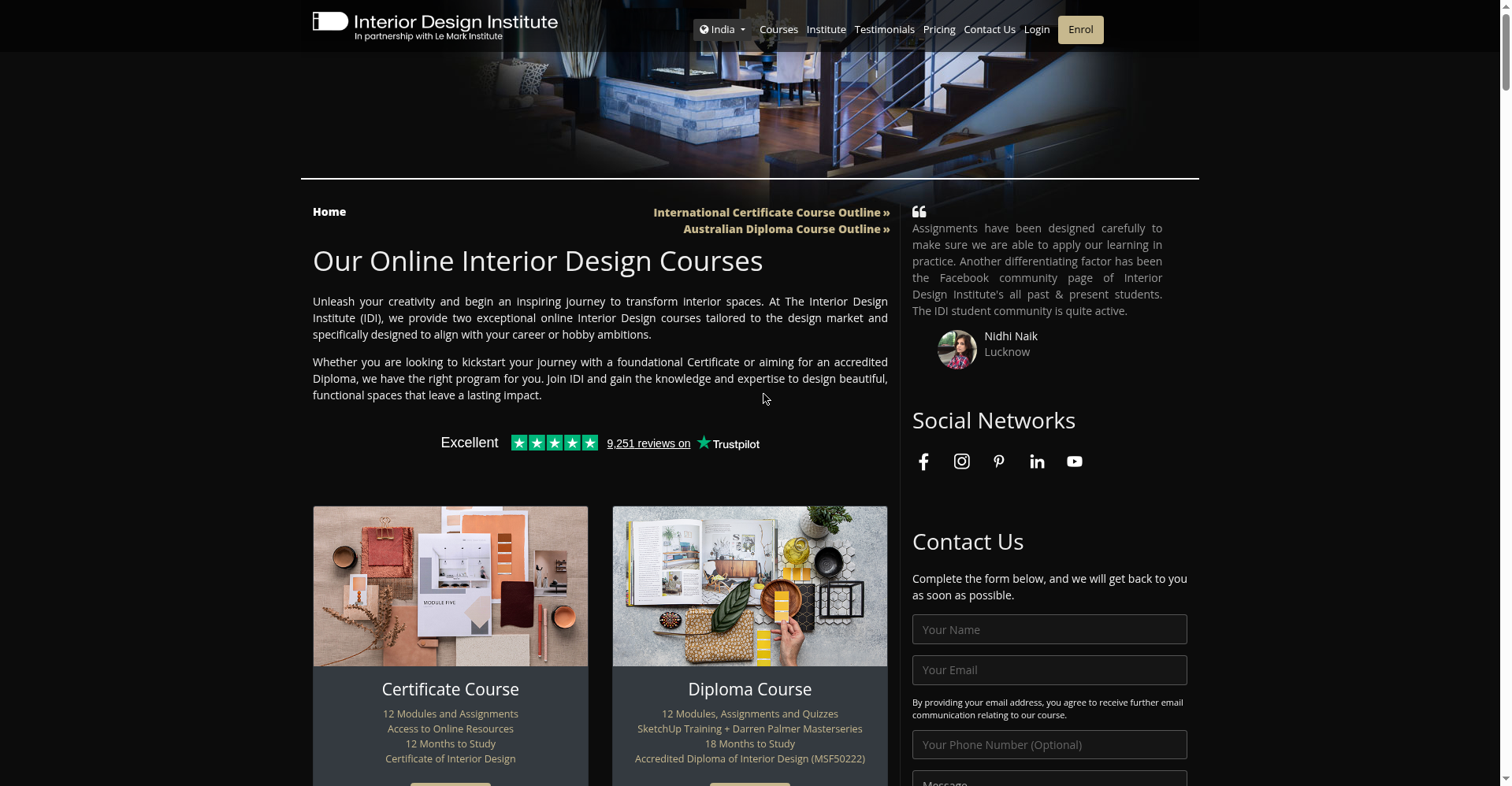 The Interior Design Institute online interior design courses page showing certificate and diploma options