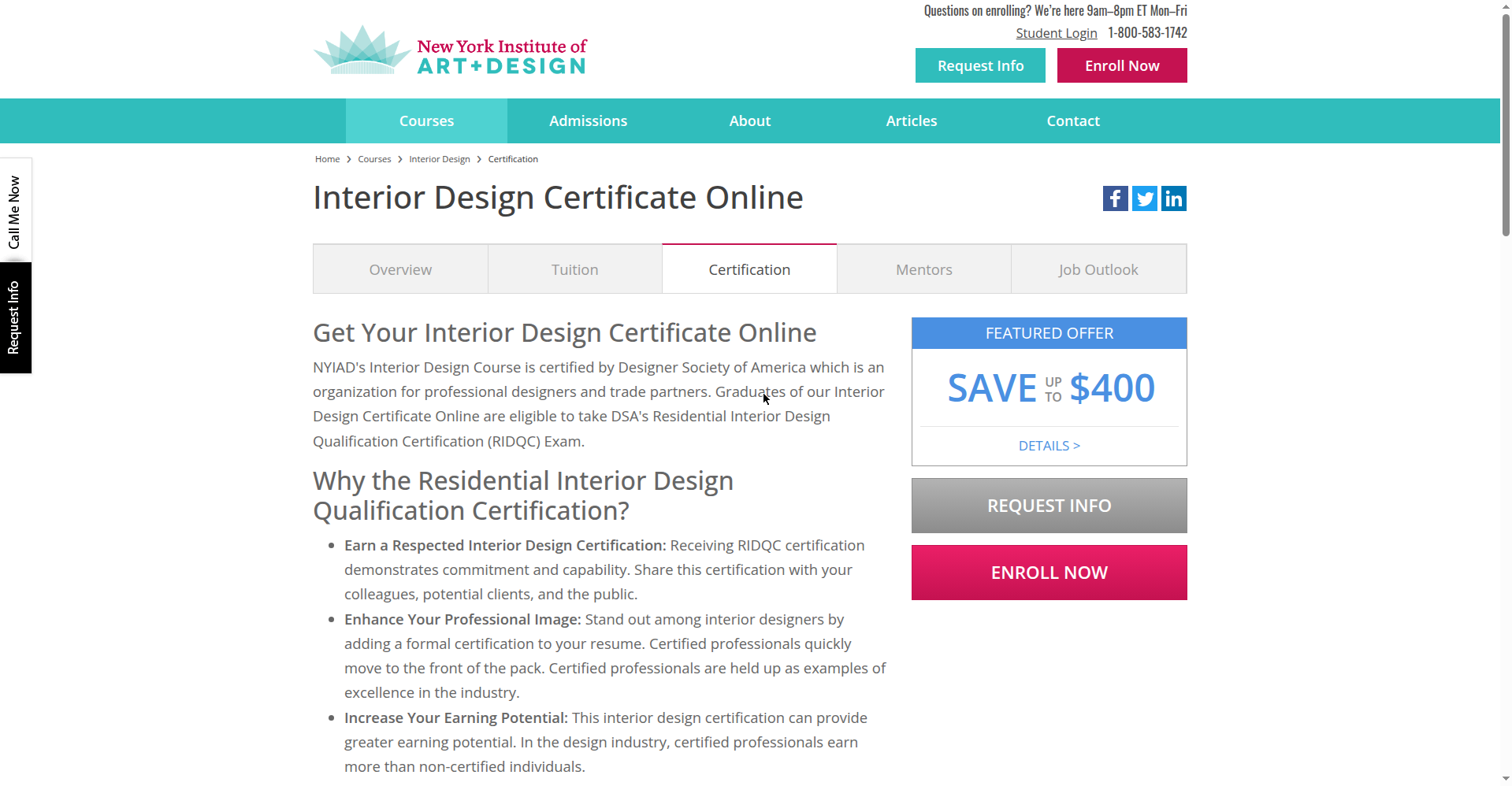 NYIAD Interior Design Certificate Online course page