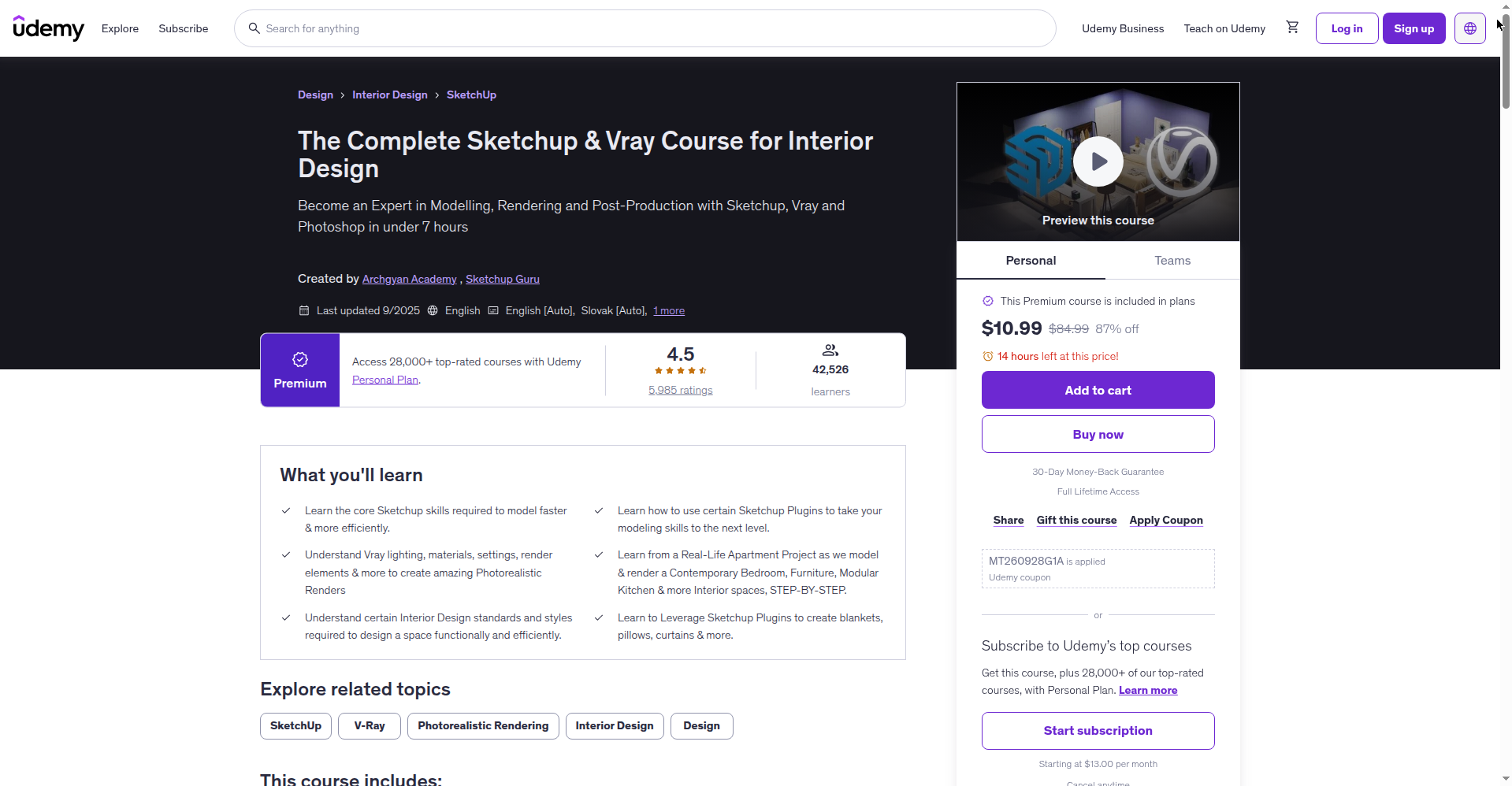 Udemy page for The Complete Sketchup and Vray Course for Interior Design