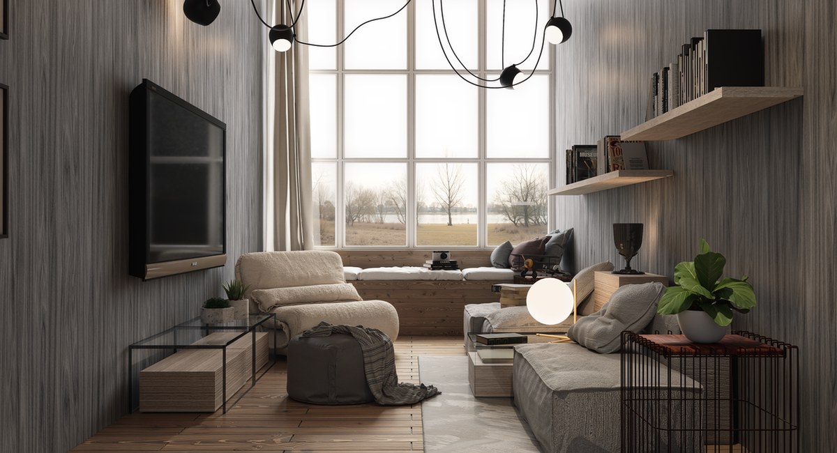 Modern living room interior design with wooden paneling, large windows and contemporary furniture